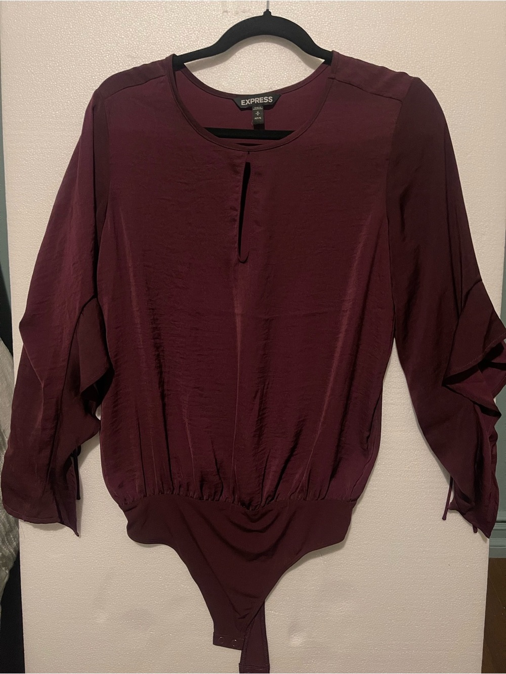 Express Burgundy Ruffled Long-Sleeve Notch-Neck Bodysuit